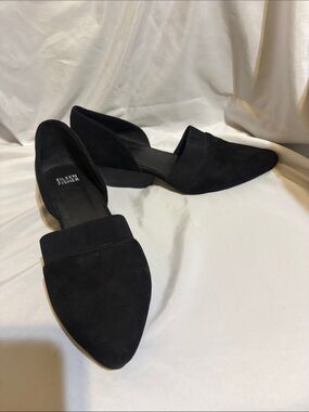 Eileen Fisher Black Suede Pointed D'Orsay Flats with Elastic Band